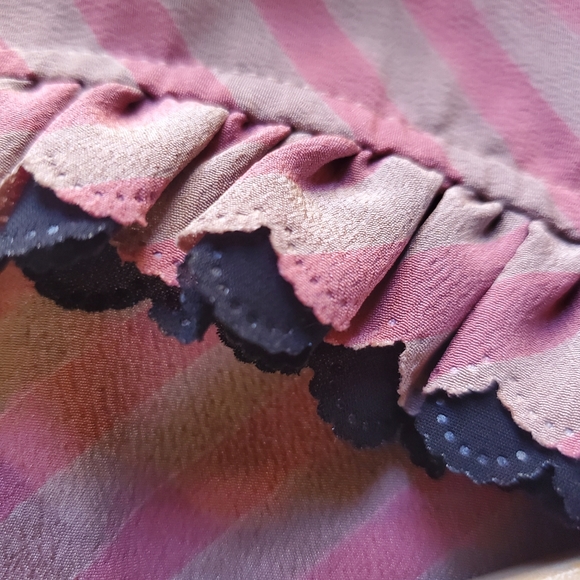 Vintage pink and tan button-up striped blouse shirt with black trim on collar -M - Picture 10 of 12